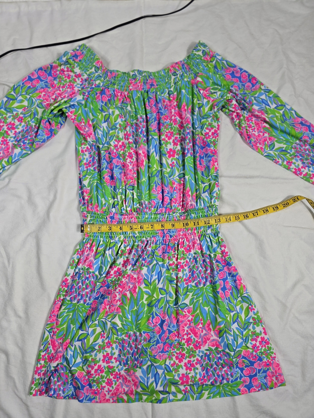 Lilly Pulitzer Off-Shoulder Floral Dress in Pink, Blue & Green - Picture 8 of 12